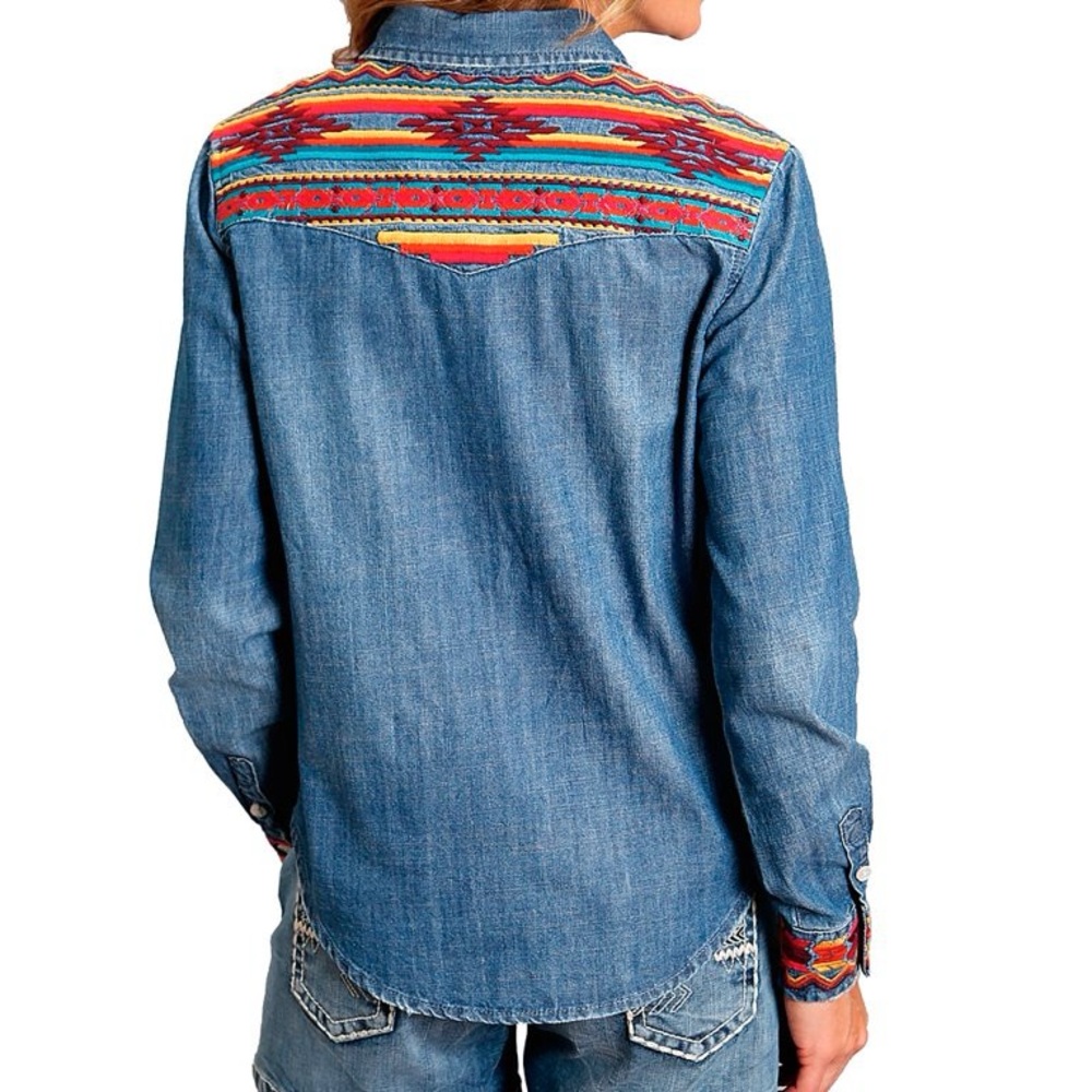 Stetson Embroidered Southwestern Pattern Denim Button Down Shirt Size XS NWT